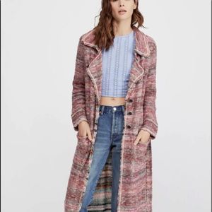 Free People Desert  Sweater Coat Fringe Hem Belt Button